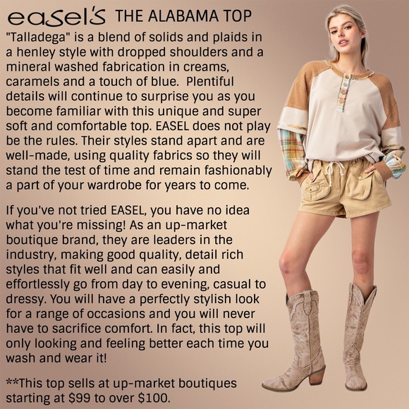 EASEL "Alabama Top - Talladega" Loose Fit Henley Layered Look Mineral Washed Top - Picture 3 of 14